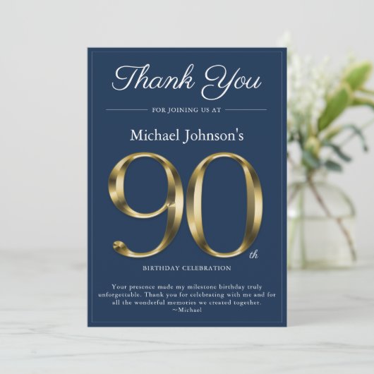 Classy Navy Blue Gold 90th Birthday Carte de remer (Debout devant)