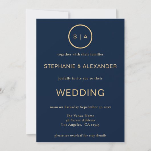 Classy Navy Blue Gold Monogram QR Code Weddenschap Kaart (Voorkant)