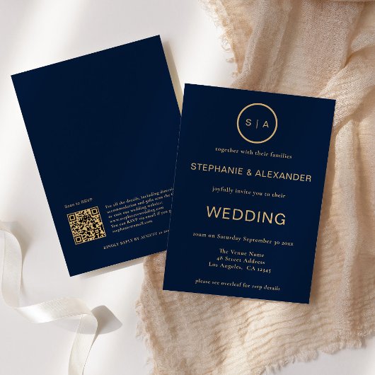 Classy Navy Blue Gold Monogram QR Code Weddenschap Kaart