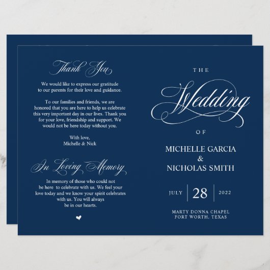 Classy Navy Blue, Programme de mariage pliable (Devant / Derrière)