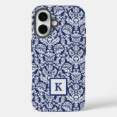 Classy Navy Damask Pattern Monogram Canvas tas Case-Mate iPhone Case (Achterkant)