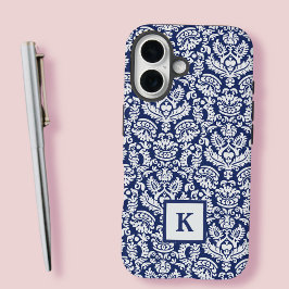 Classy Navy Damask Pattern Monogram Canvas tas iPhone 16 Hoesje