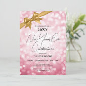 Classy New Years Eve Party Blush Bokeh Gold Bow Kaart (Staand voorkant)