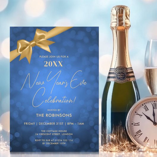 Classy New Years Eve Party Navy Gold Bokeh Bow Kaart