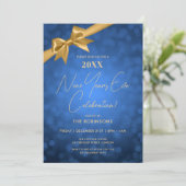 Classy New Years Eve Party Navy Gold Bokeh Bow Kaart (Staand voorkant)