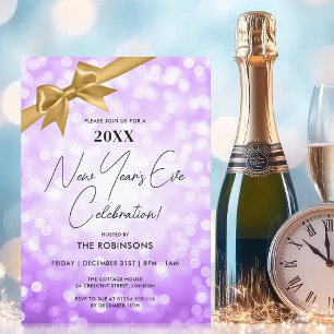 Classy New Years Eve Party Paarse Bokeh Gold Bow Kaart