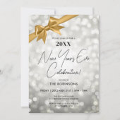Classy New Years Eve Party Silver Bokeh Gold Bow Kaart (Voorkant)