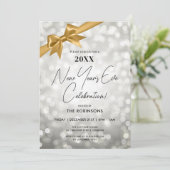 Classy New Years Eve Party Silver Bokeh Gold Bow Kaart (Staand voorkant)