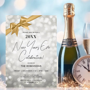 Classy New Years Eve Party Silver Bokeh Gold Bow Kaart
