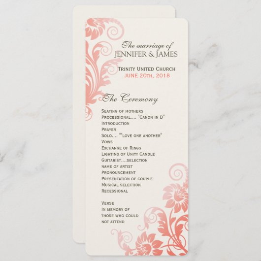 Classy Ombre Coral Wedding Programme (Devant / Derrière)