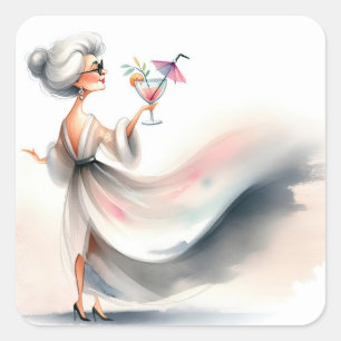 Classy oudere vrouw met partij Drink Vierkante Sticker