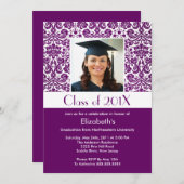 Classy Paars Damask Afstuderen Invitation Foto Kaart (Voorkant / Achterkant)