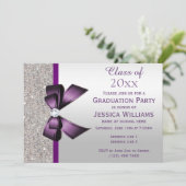 Classy Paarse Gem Bow, Silver Sequins Afstuderen Kaart (Staand voorkant)