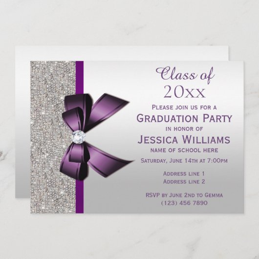 Classy Paarse Gem Bow, Silver Sequins Afstuderen Kaart (Voorkant / Achterkant)