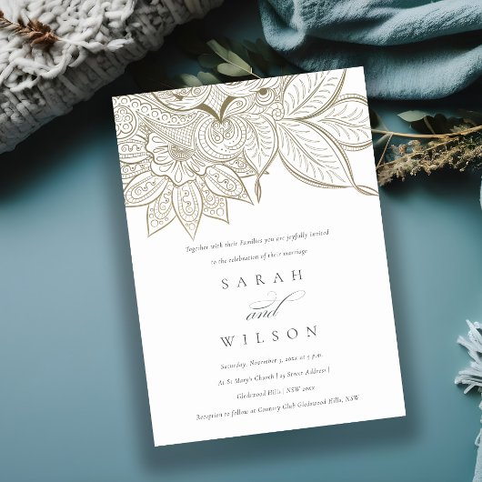 Classy Paisley Ivory Gold Wedding Invite Bedankkaart