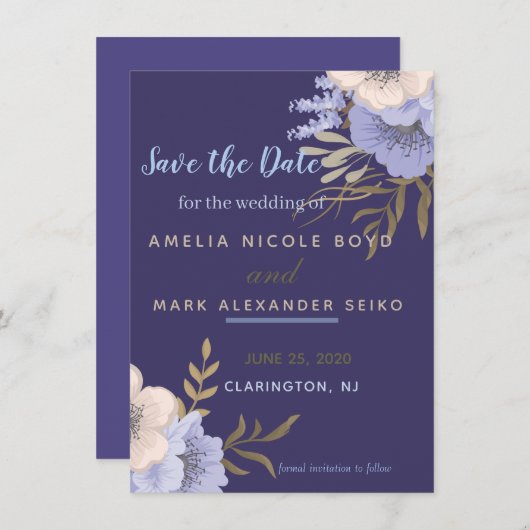 Classy Periwinkle anemone Save the Date Kaart (Voorkant / Achterkant)