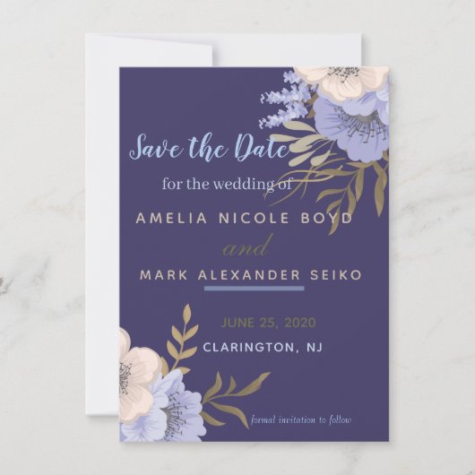 Classy Periwinkle anemone Save the Date Kaart (Voorkant)