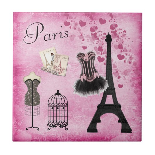 Classy Pink Black Paris Mode Eiffel Tower Tegeltje (Voorkant)