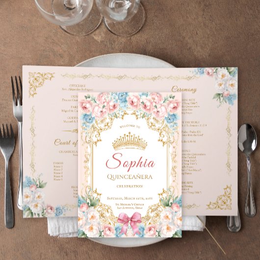 Classy Pink Bow Floral Quinceanera Programma Kaart