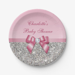 Classy Pink Bow Silver Sequins Baby shower Papieren Bordje