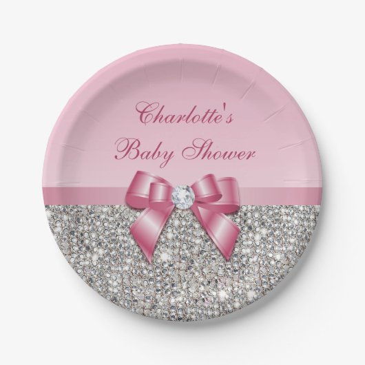 Classy Pink Bow Silver Sequins Baby shower Papieren Bordje (Voorkant)