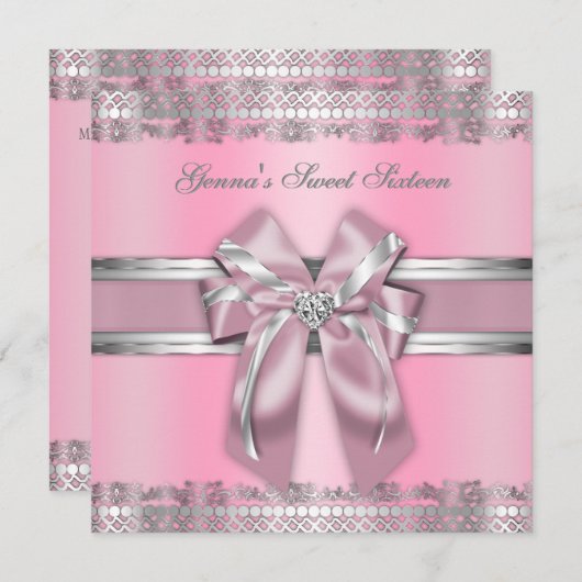 Classy Pink en Silver Invite Kaart (Voorkant / Achterkant)