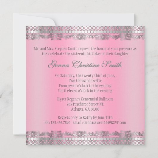 Classy Pink en Silver Invite Kaart (Achterkant)