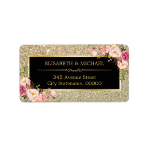 Classy Pink Floral Gold Glitter mousserend Weddens Etiket
