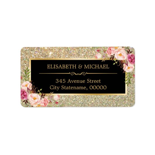 Classy Pink Floral Gold Glitter mousserend Weddens Etiket (Voorkant)