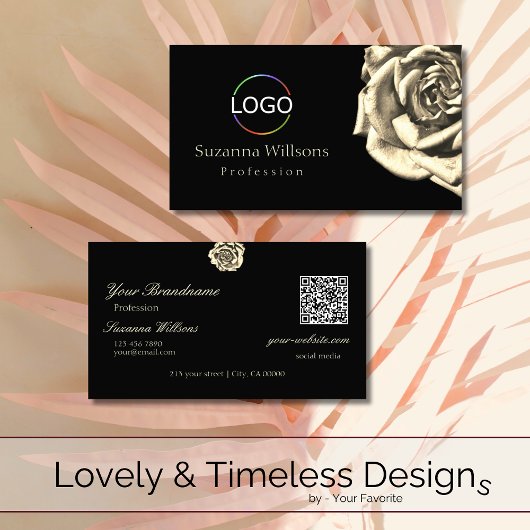 Classy Plain Black Beige Roos Logo en QR-code Visitekaartje