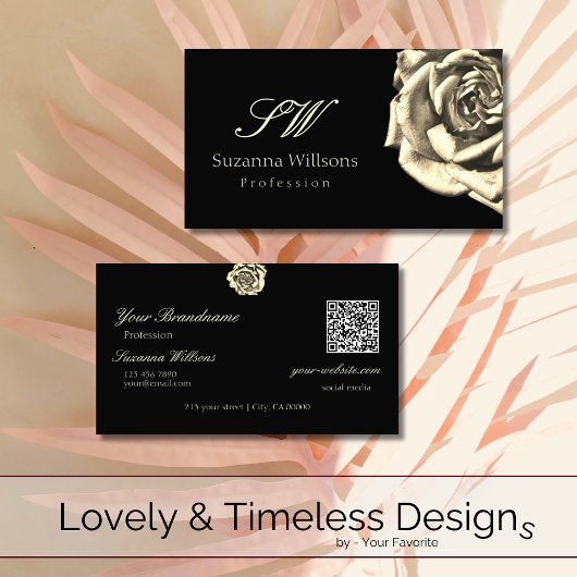 Classy Plain Zwart Beige Roos Initialen QR-code Visitekaartje