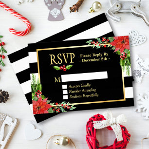 Classy Poinsettia Floral Gold Black White Stripes RSVP Kaartje