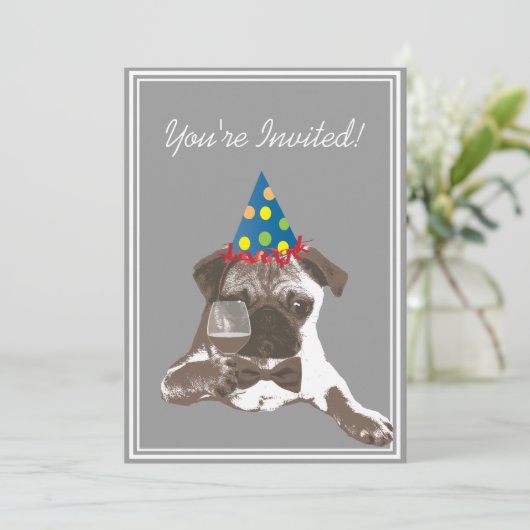 Classy Pug & WIne Birthday Party Invitation Kaart (Staand voorkant)
