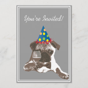 Classy Pug & WIne Birthday Party Invitation Kaart