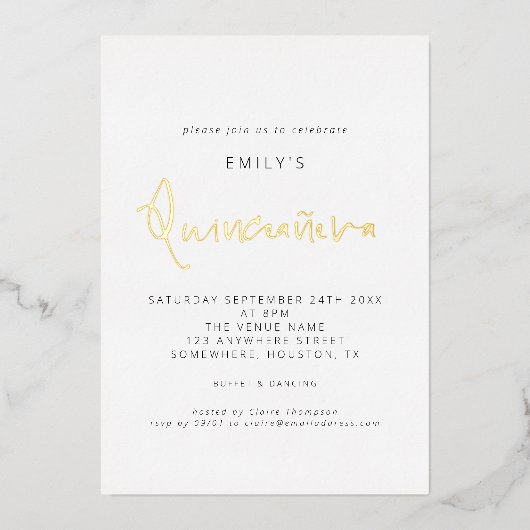 Classy Quinceanera Modern Script Real Folie Invita Folie Uitnodiging (Voorkant)