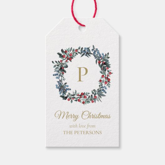Classy Red Blue Berries met gouden monogram Cadeaulabel (Voorkant)
