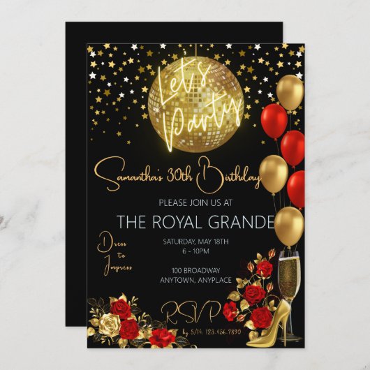 Classy Red et Gold Fancy Invitation d'anniversaire (Devant / Derrière)