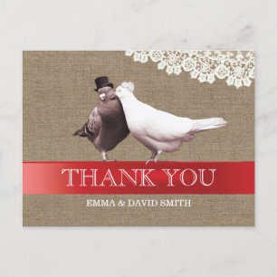 Classy Red Ribbon Tortelduifjes Burlap Dank u Briefkaart
