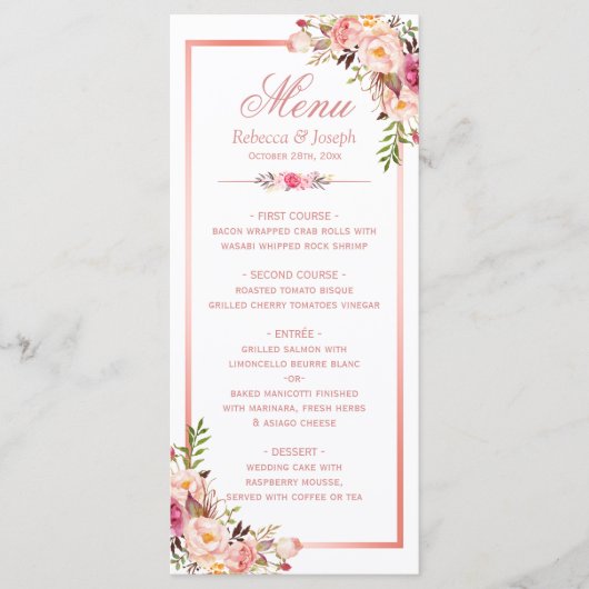 Classy Roos Gold Lijst Floral Wedding Menu (Voorkant)