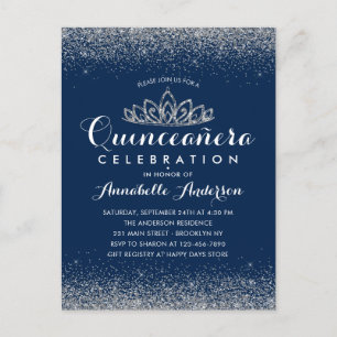 Classy Royal Blue Quinceañera Silver Tiara Glitter Briefkaart