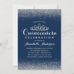 Classy Royal Blue Quinceañera Silver Tiara Glitter Kaart