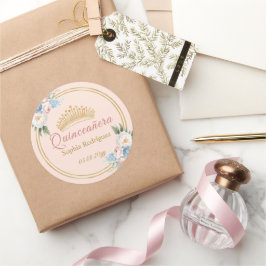 Classy Roze Blauw Bloemen Quinceanera Ronde Sticker