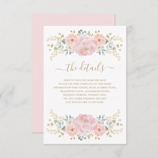 Classy Roze Gouden Botanische Bloemen Bruiloft Det Informatiekaartje (Voorkant / Achterkant)