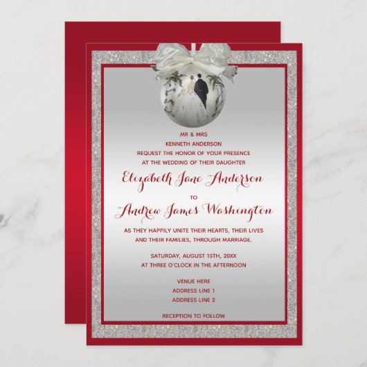 Classy Ruby Red & Sparkly Bauble Kerstbruiloft Kaart (Voorkant / Achterkant)