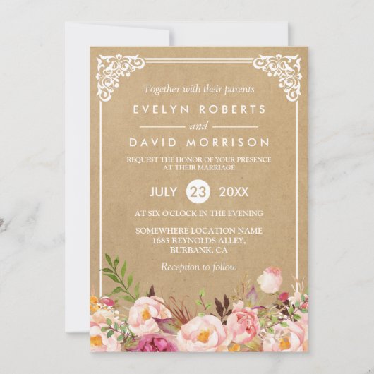 Classy Rustic Floral Lijst Kraft | Formeel huwelij Kaart (Voorkant)