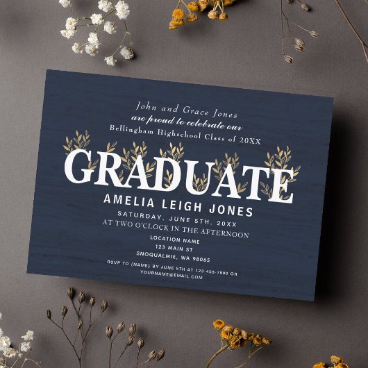 Classy Rustic Gold Leaf Graduation Party Kaart