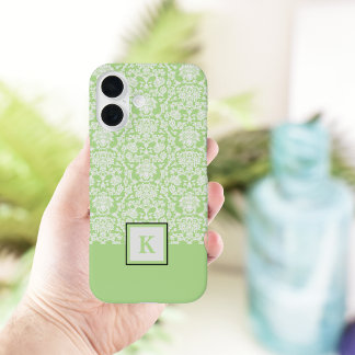 Classy Sage Green Damask Pattern Monogram Canvas t iPhone 16 Hoesje