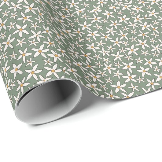 Classy Sage Groen Wit Hand getrokken Bloem Patroon Cadeaupapier (Rol Hoek)