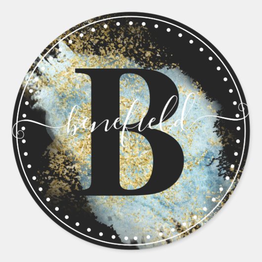 Classy Script Name met Intiel Black Gold & Blue Ronde Sticker (Voorkant)