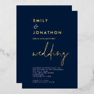 Classy Script Navy Gold Wedding Real Folie Uitnodiging